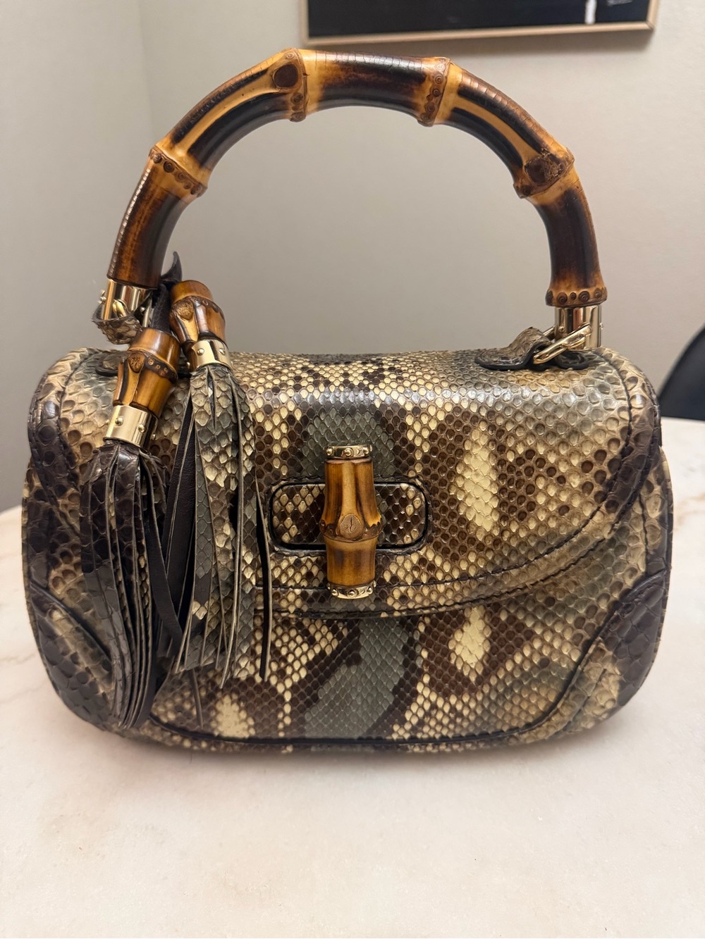 Gucci Brown and Tan Python Mini Shoulder Bag with Bamboo Handle